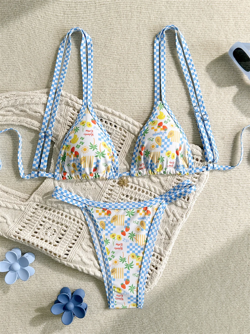 Kawaii Print Bikini Double Straps Swimsuit Women Backless Lace Up Border Swimwear Vacation Bathing Suit Beach Outfit Bikinis Set