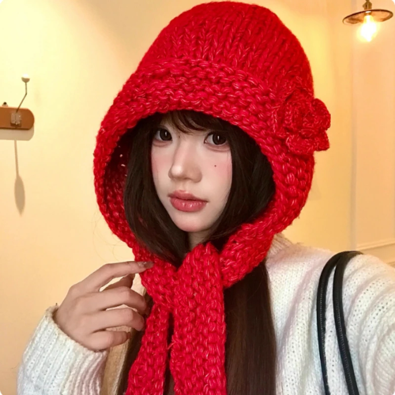 

Корейская однотонная шапка-балаклава ручной вязки с милым цветком, женская зимняя уличная утолщенная шапка-бомбер с большой головкой и защитой ушей