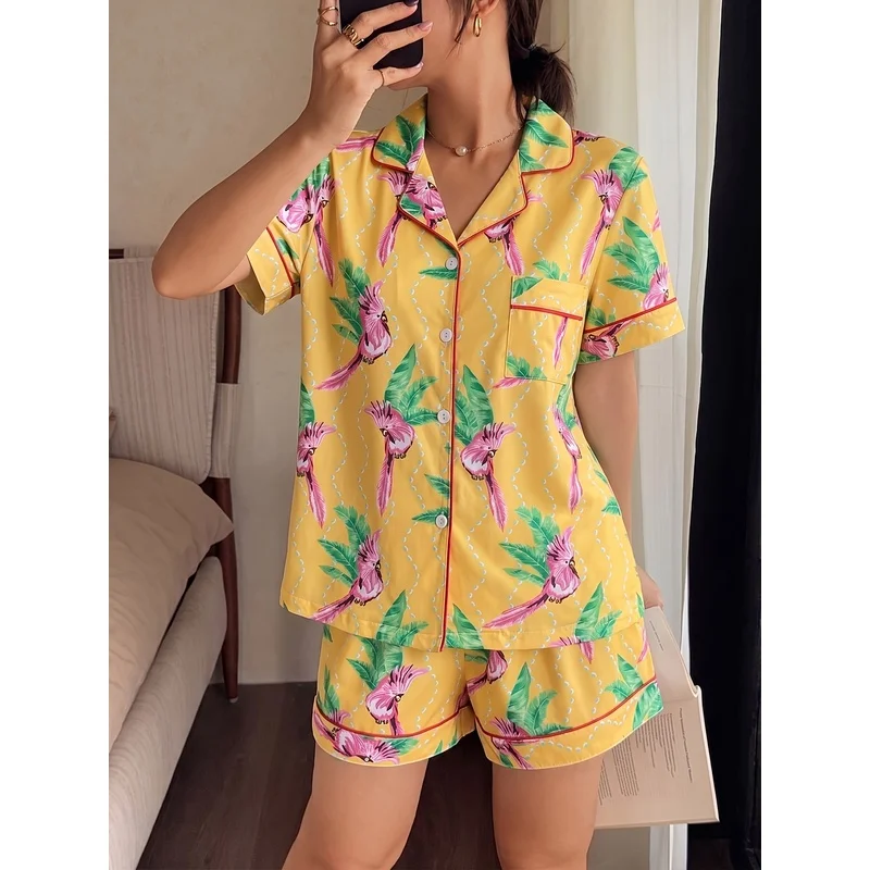 Tropical Bird Floral Print Pajama Set Button Up Short Sleeve Top And Shorts Vacation Lounge Sleepwear Outfit Casual For Women