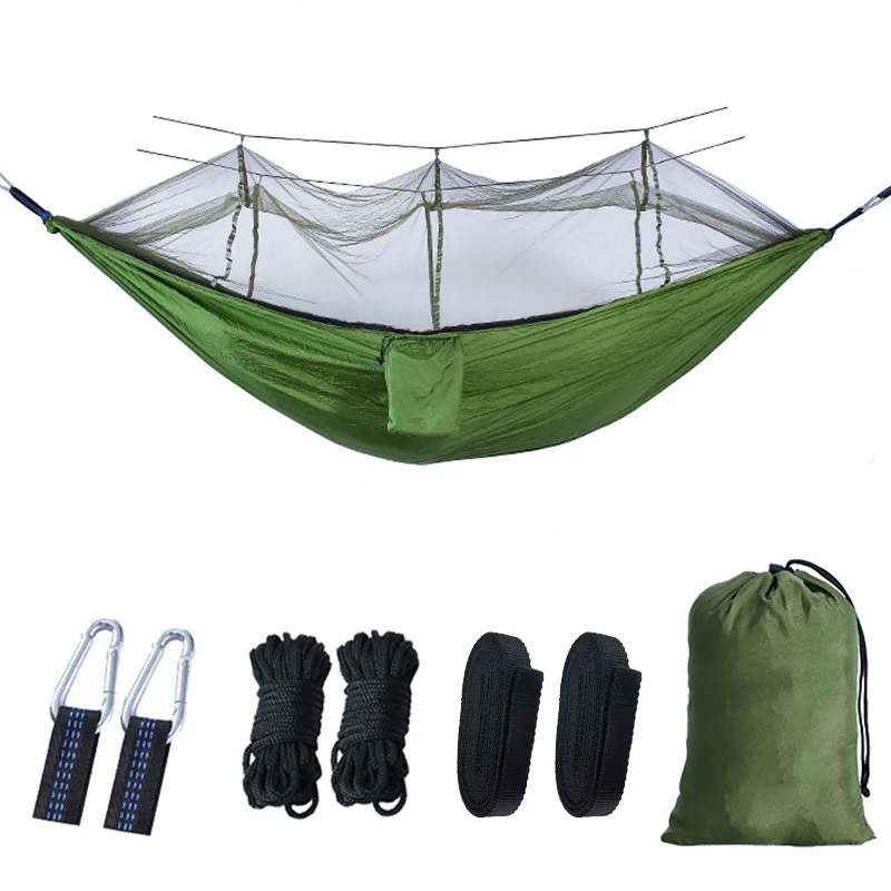 Hamaca portátil ligera para acampar al aire libre, cama colgante de tela de paracaídas de alta resistencia con mosquitera, columpio para dormir de