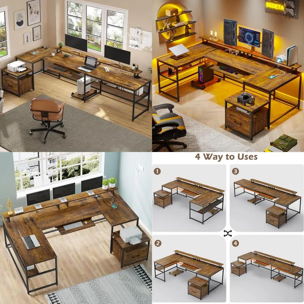 

Reversible U-Shaped Desk with File Drawer and Power Outlet, 101.5 Two-Person Home Office Desk