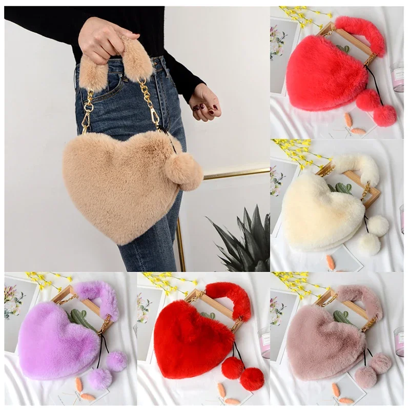 

Luxury Faux Fur Heart-shaped Women Small Handbags Fluffy Plush Ladies Chain Shoulder Bag Fashion Female Furry Daily Clutch Purse