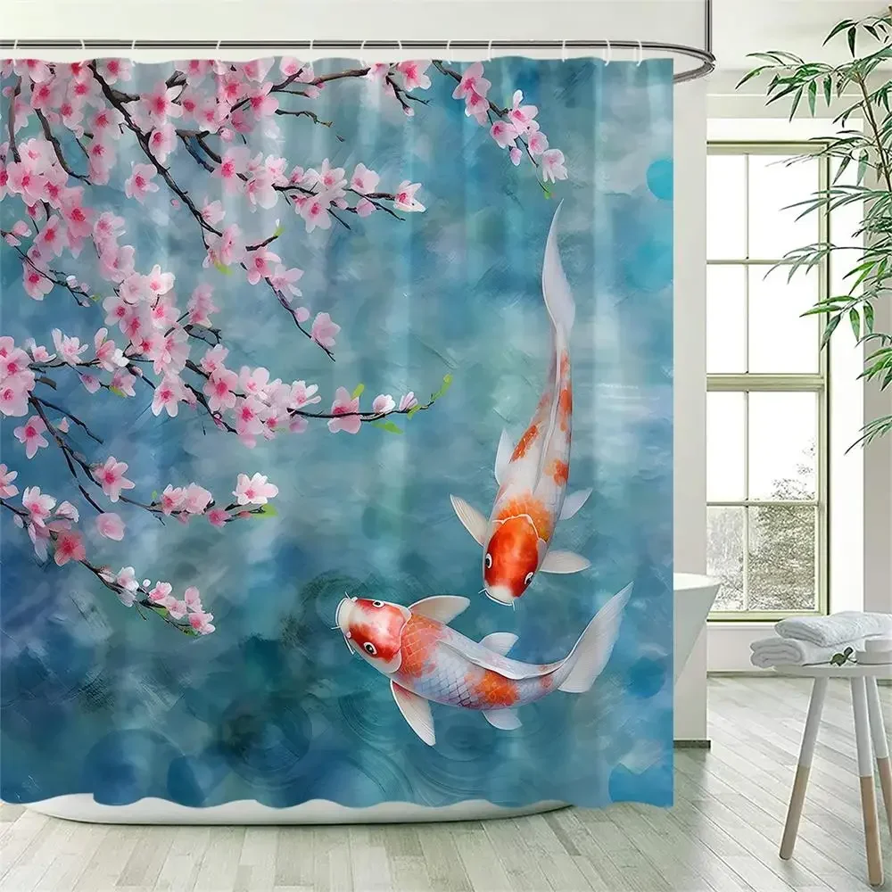 Pink Floral Carp Shower Curtains Watercolour Cherry Blossom Flowers Koi Fish Polyester Fabric Bathroom Curtain Decor with Hook