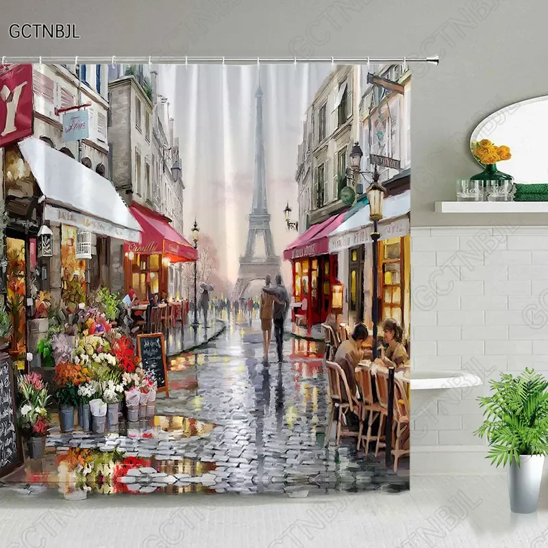 London Street Shower Curtain Retro Oil Painting European City Scenery Red Bus Bathroom Curtain Polyester Fabric Bathroom Product