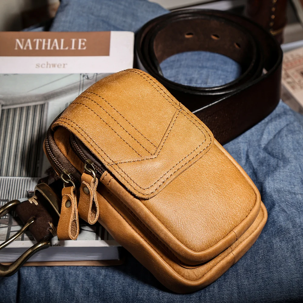 Genuine Leather Waist Bag for Men Fashion Bum Bag Waist Belt Pack Phone Pouch Cowhide Small Fanny Pack High Quality 