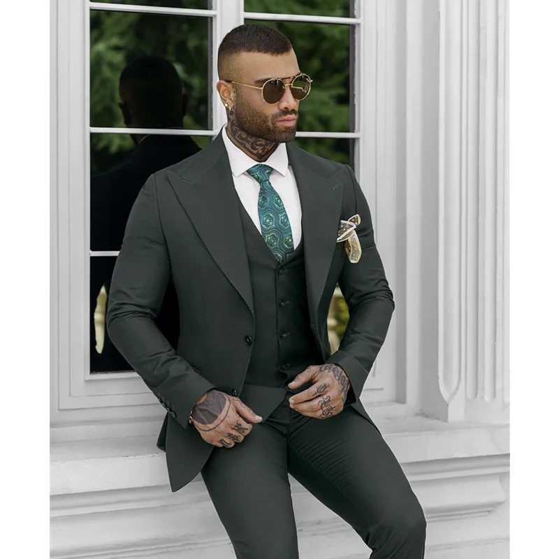 3 Piece Men Suits Slim Fit Dark Green Classic Regular Fit For Wedding Groom Groomsmen Formal Costume Homme Big And Tall Blazer