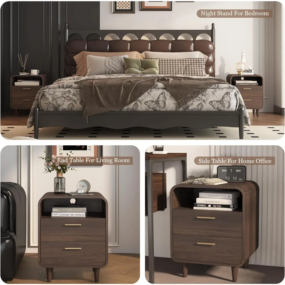 منضدة حديثة من منتصف القرن مع قاعدة شحن، وطاولة بجانب السرير مع درجين وأرفف مفتوحة، وطاولة جانبية وطاولة نهائية