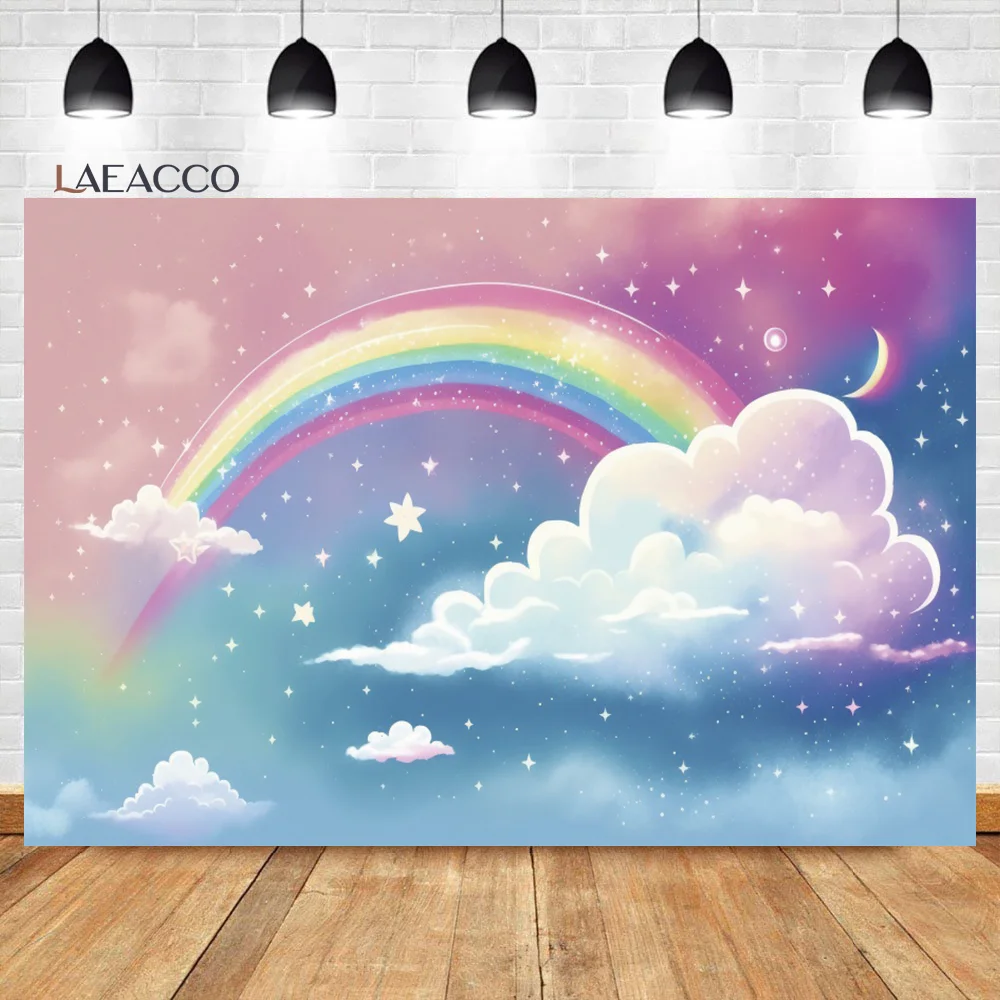 Laeacco Cartoon Rainbow Cloud Backdrop Starry Sky Stars Skyline Kid Birthday Newborn Baby Shower Portrait Photography Background