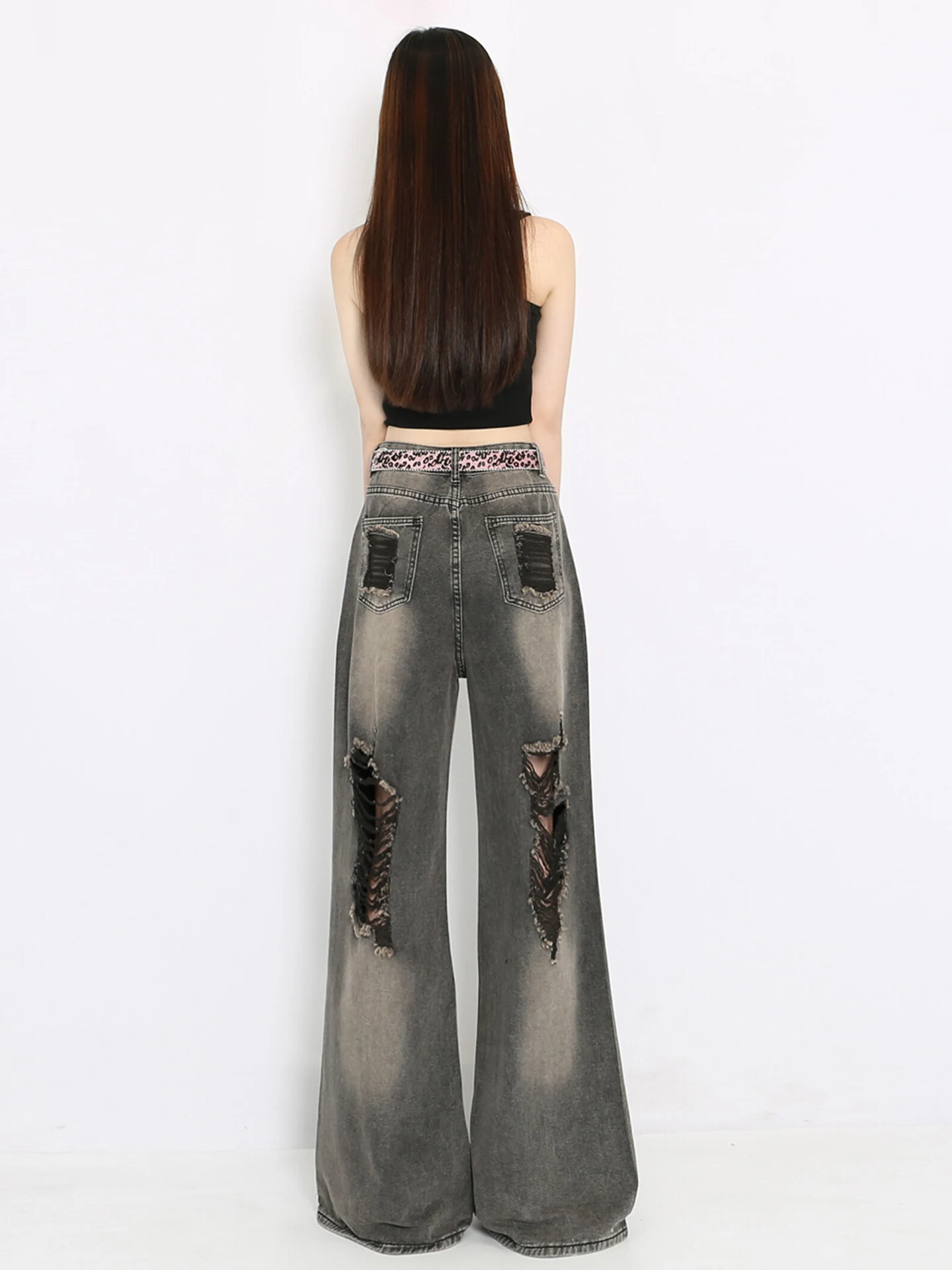 American Sle été ample mince fiti trou taille haute haute rue jambe droite jean femmes jambe large longueur au sol pantalon