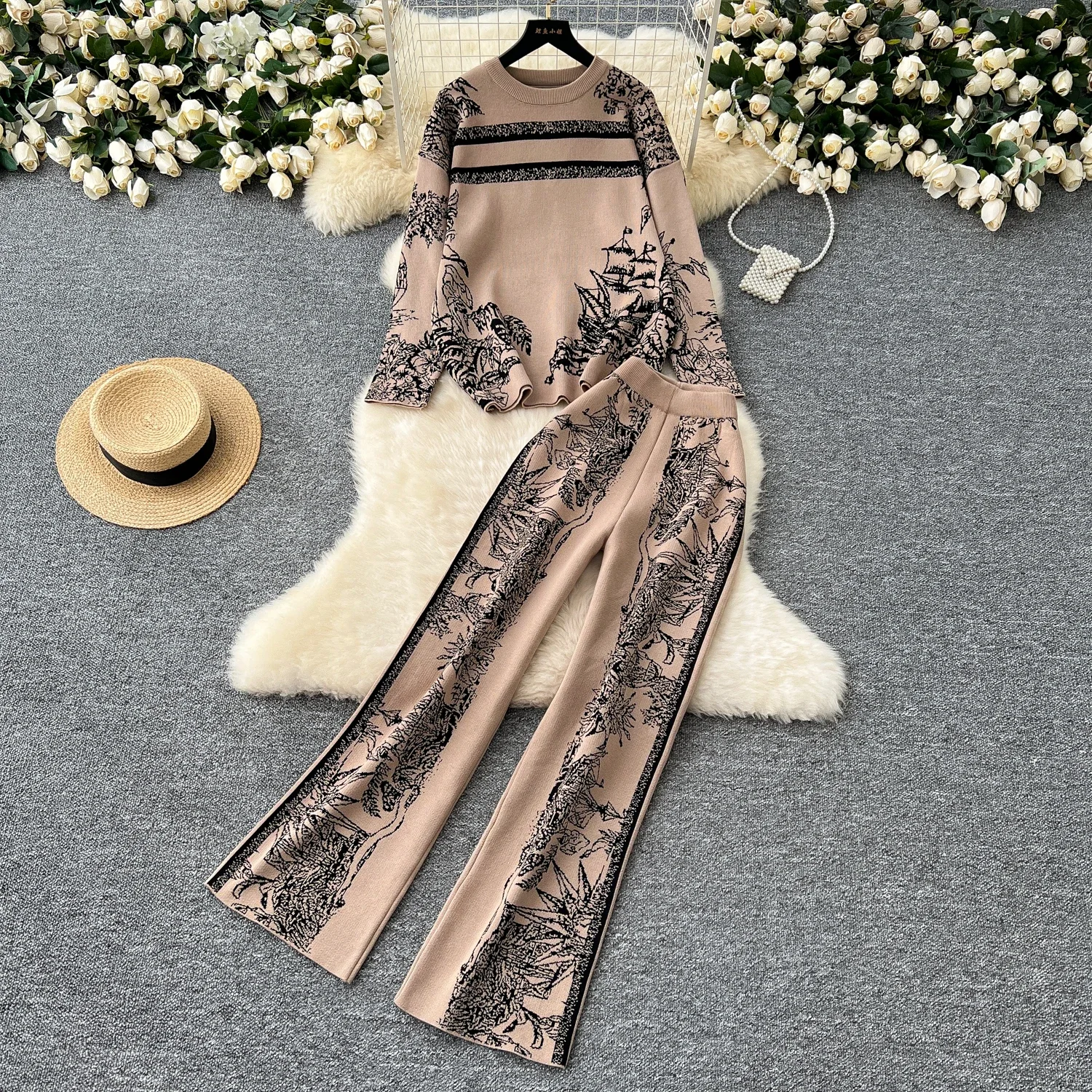 Women Two-Piece Sets Slim Long Sleeve Casual O-neck Print Knit Top and High Waist Wide Leg Pants Korean Autumn Winter Clothing