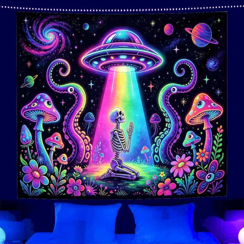 VIKAMA Black Light Jellyfish Mushroom Coral Tapestry Uv Reaction Neon Light Wall Hanging Bedroom Living Room Home Decoration