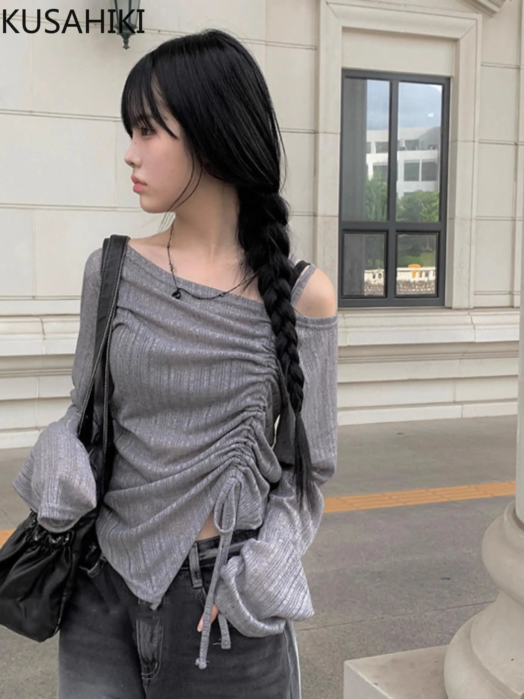 KUSAHIKI Korean Niche Off Shoulder Lace Up Slightly Transparent Drawstring Pleated Long Sleeved T-shirt Top for Women