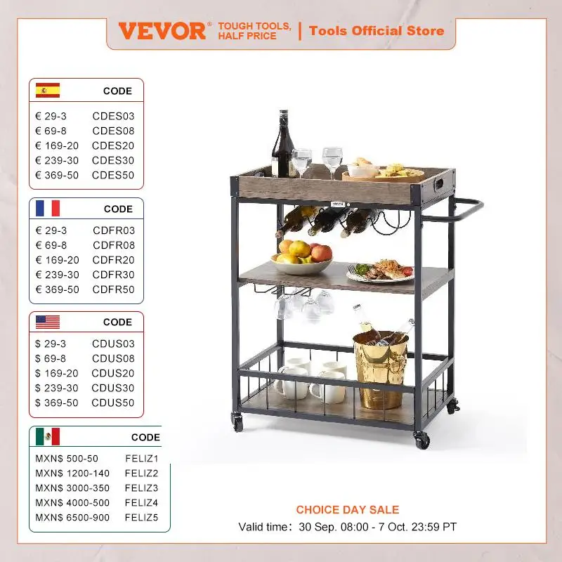 VEVOR 3-Tier Bar Wine Rack Cart Kitchen Food Truck on Wheels Vintage Mobile Serving Trolley w/MDF Board Steel Frame 110/300lbs