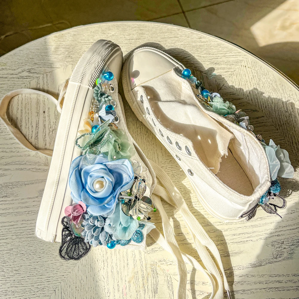 Women Canvas Shoes Irregular Manual Personal Customization Colors Hand Sewed Blue Flowers Design Big Size Comfortable Easy Walk