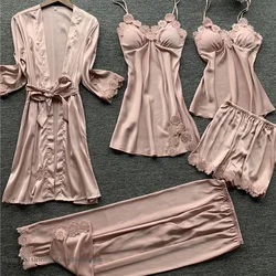 Pajamas Five Piece Set Sexy Lace Trim Nightgown Nightwear Spring Summer Women Bath Robe Loose Silk Satin Home Wear Pijamas Suit