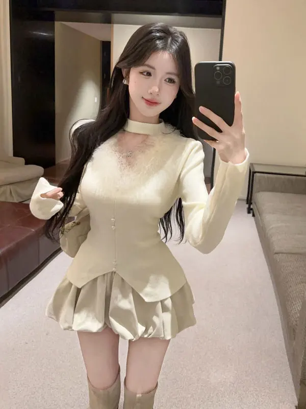 

French Sle Slim Fit Knitwear V-Ne Waist Cinched Soft Wind Beautiful Winter Top Women's Long Sve round Ne Pullover