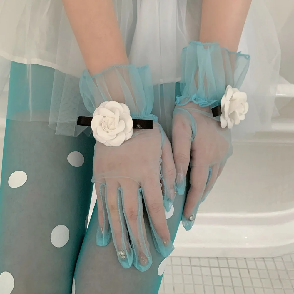 Mint Green Sheer Tulle Gloves Women White Flower Black Ribbon Elegant Short Lace Gloves Summer Wedding Party Prom Accessories