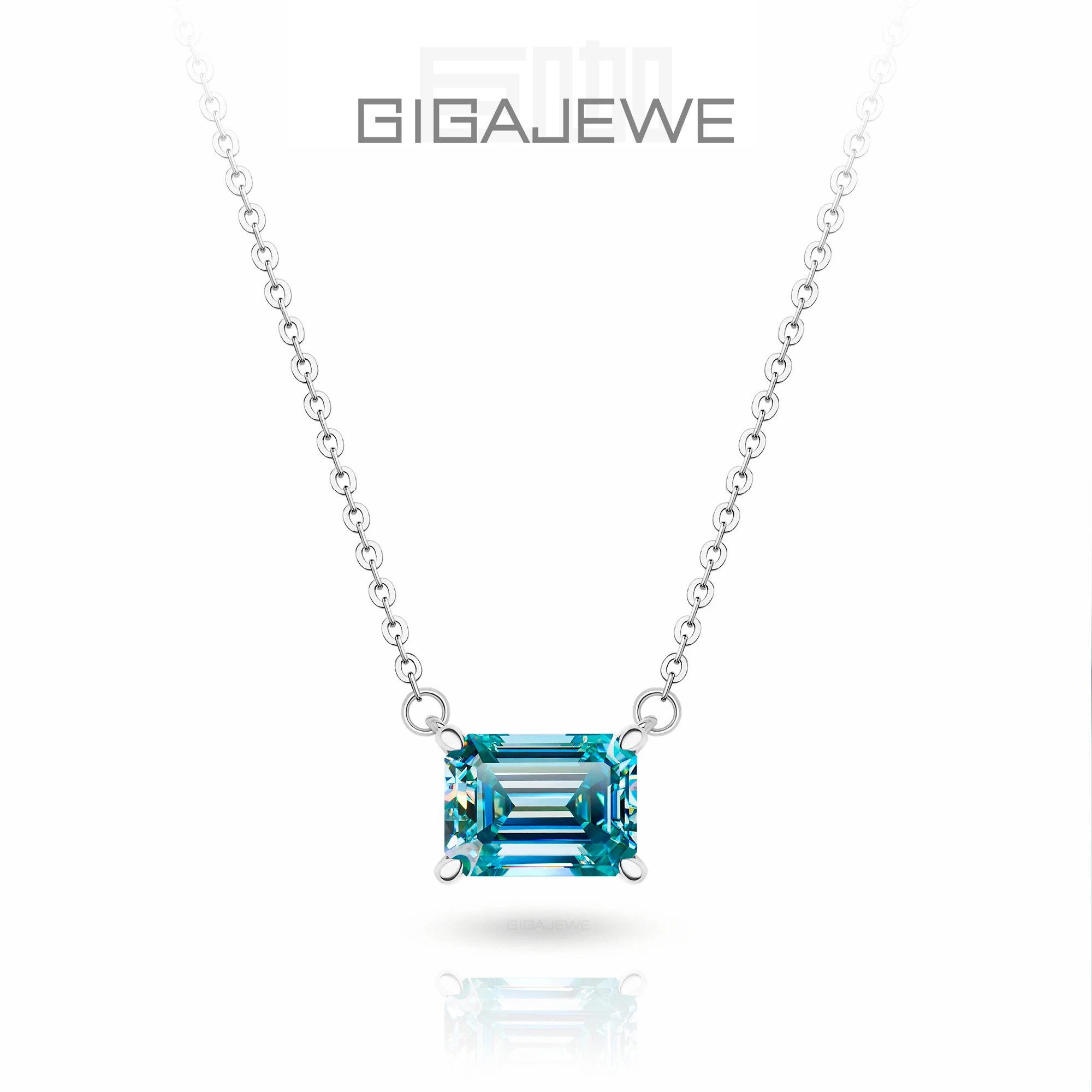 GIGAJEWE Moissanite Emerald Cut Natural Cyan Color 2.0ct 6X8mm 18K White Gold Plated Silver Engagement Necklace Woman Girl Gift