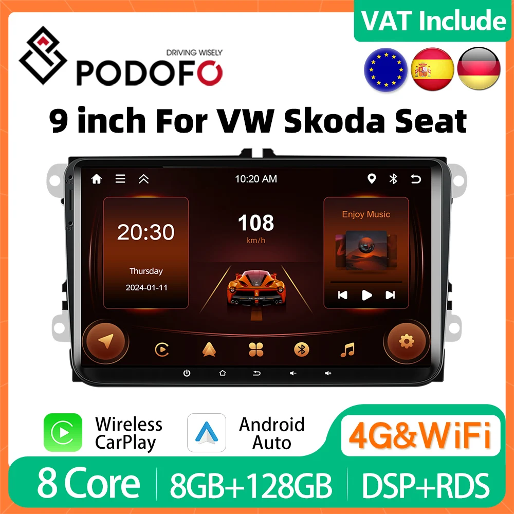 Podofo 9in CarPlay Android Radio For Volkswagen Skoda SEAT Passat Golf Car Multimedia Player 4G GPS Stereo Receiver Autoradio