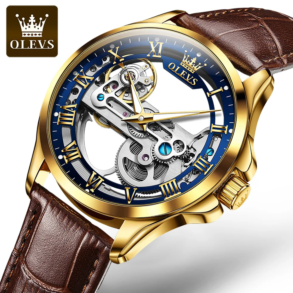 OLEVS Mechanical Men Watch Luxury Hollow out Skeleton Waterproof Leather strap Business Fashion Watch for Men Relogio Masculino