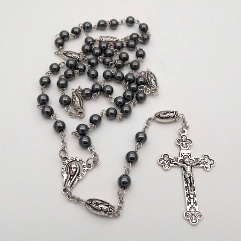 Vintage Religion Rosary Necklace Hematite Stone Round Beads Chain with Jesus for Cross Pendant Necklace Prayer Catholic
