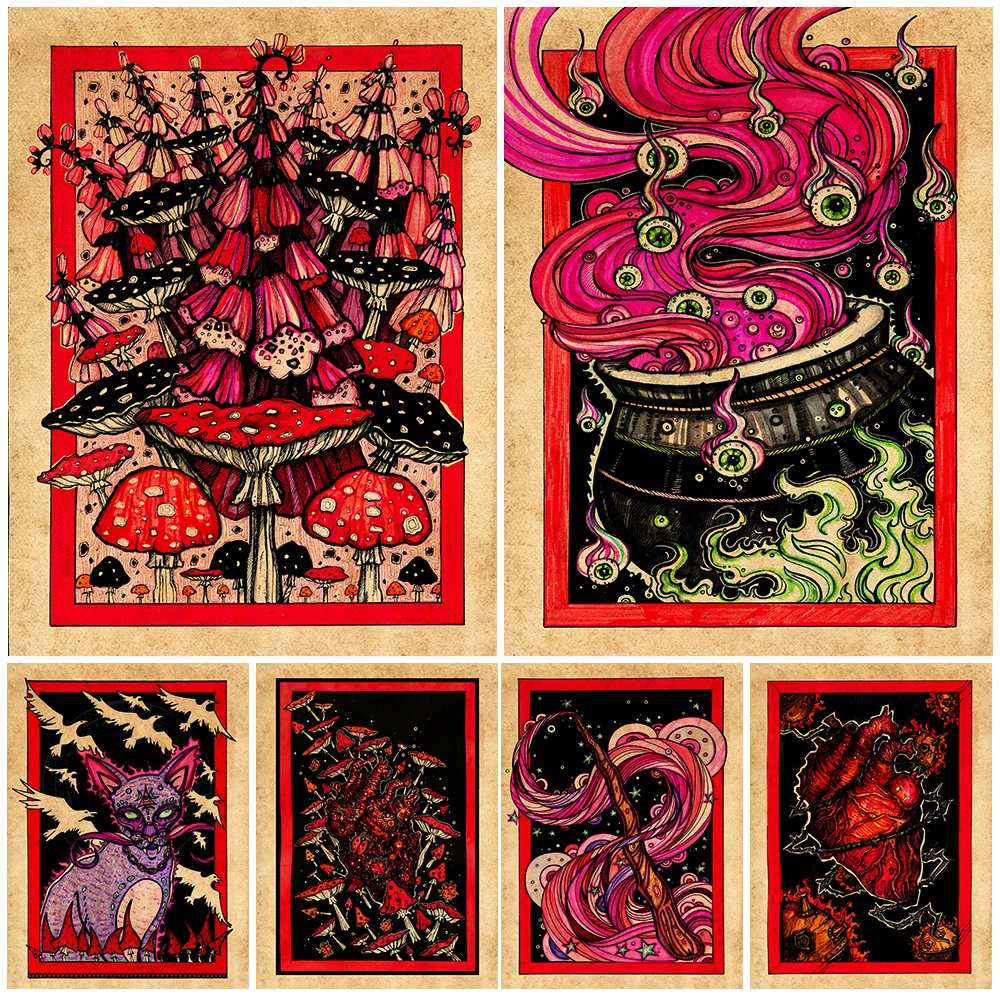 Magic Cauldron And Magic Wand Abstract Wall Art Canvas Painting Agaric,Skull,Heart Vintage Witchcraft Element Poster And Print