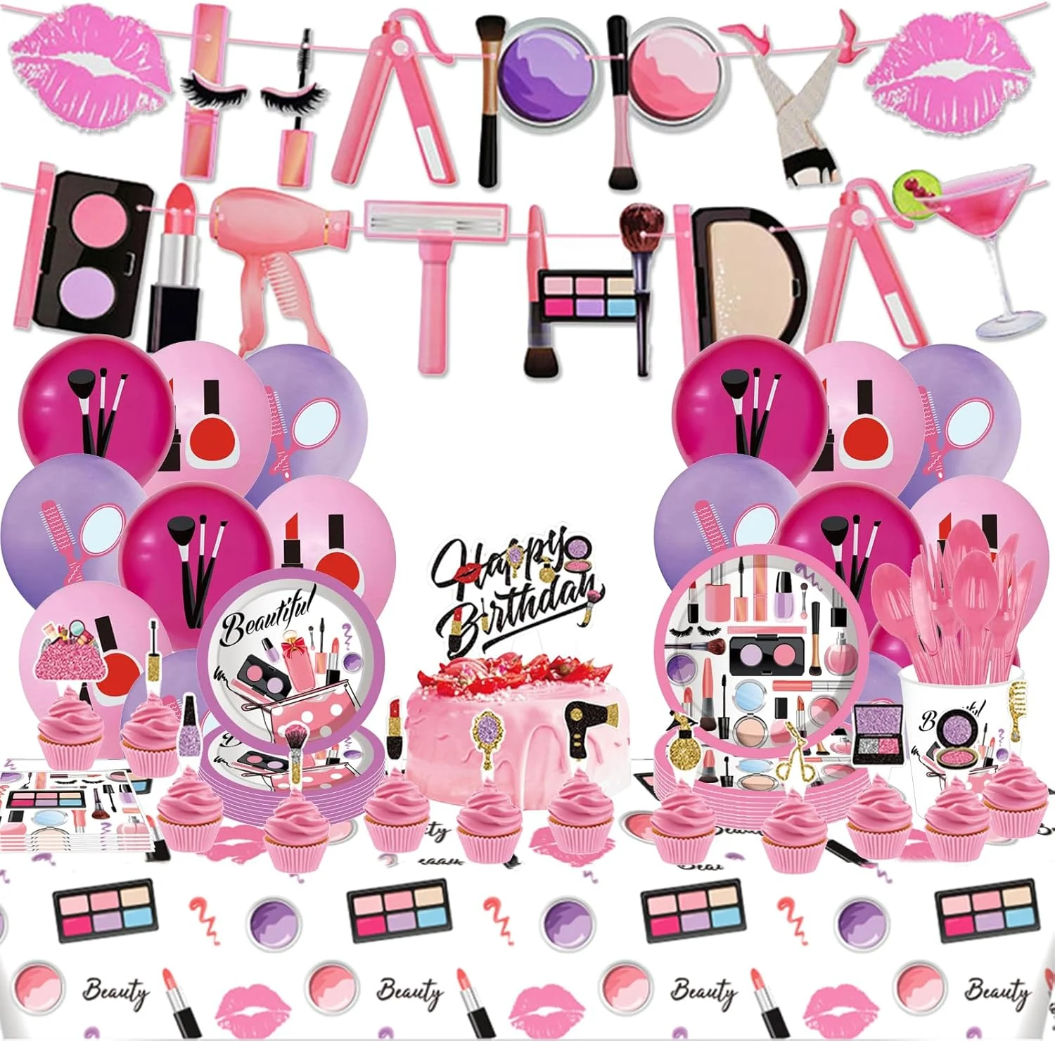Spa Make-up Geburtstagsparty-Zubehör Kosmetik Mädchen-Geschenke Tischgeschirr Teller Becher Luftballons für Mädchen-Geburtstagsfeier Hochzeitsdekoration – Detail 4
