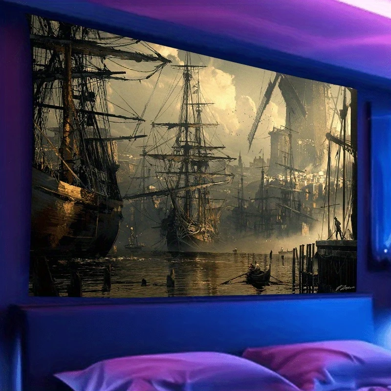 VIKAMA Vintage Nautical Tapestry Sailboat Wall Hanging Maritime Ocean Beach Decor Retro Coastal Living Room Bedroom Art Cloth