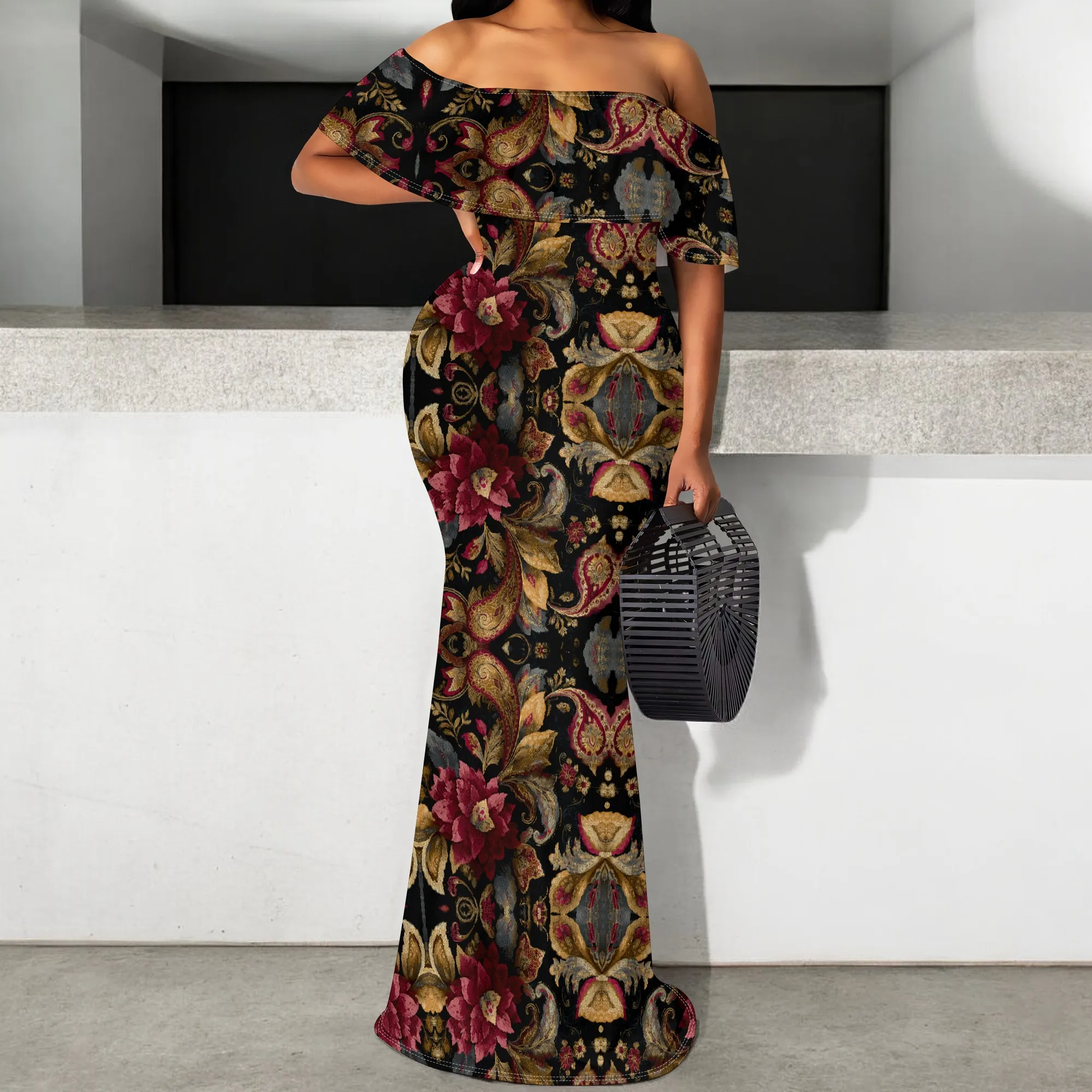 

Baroque Floral Maxi Dress S-3XL Off Shoulder Bodycon Mermaid Style for Holiday Dinner, Thanksgiving or Cultural Celebration Look