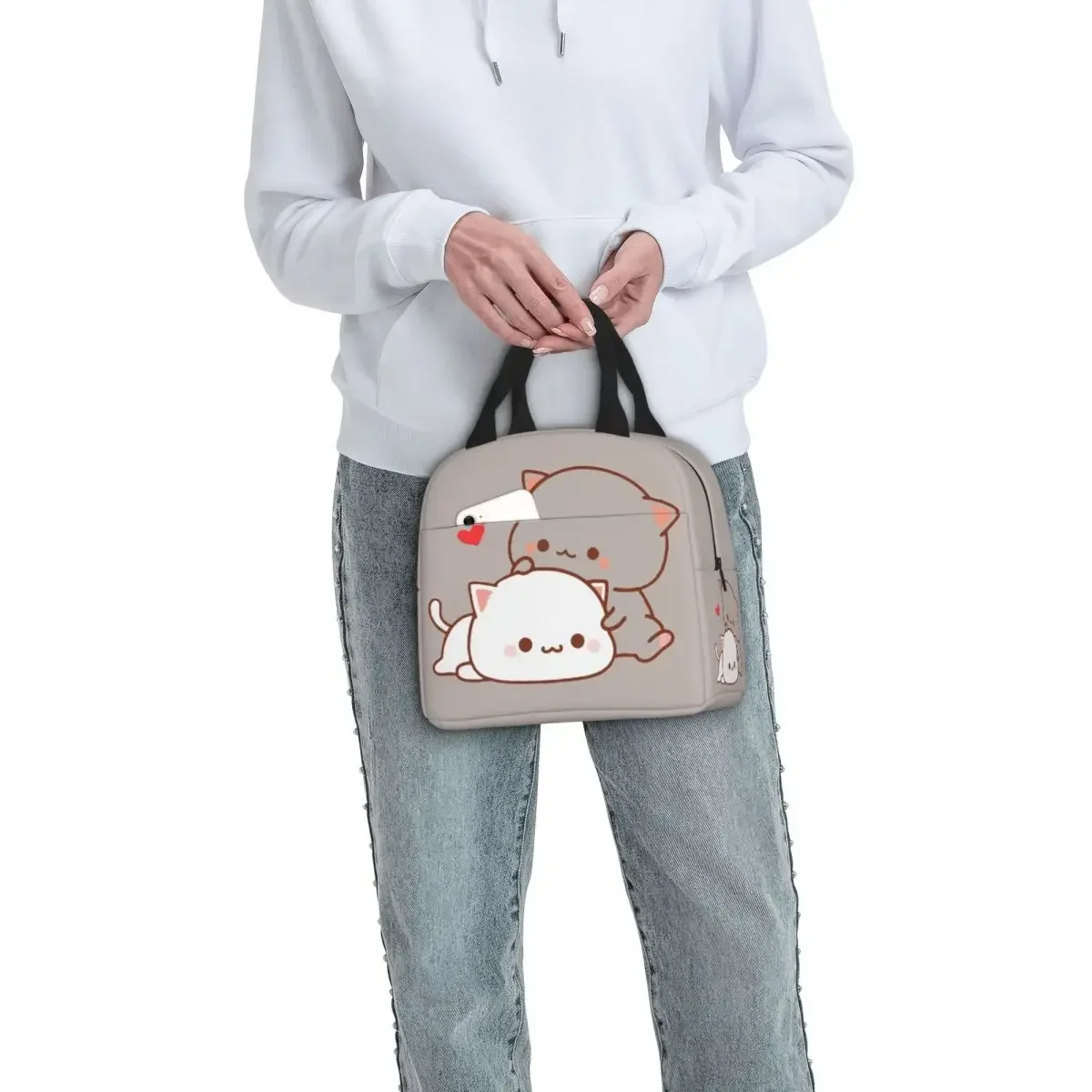 Kawaii Peach And Goma Cartoon Insulated Lunch Bag Cooler Bag Meal Container Mocha Mochi Peach Cat Portable Tote Lunch Box