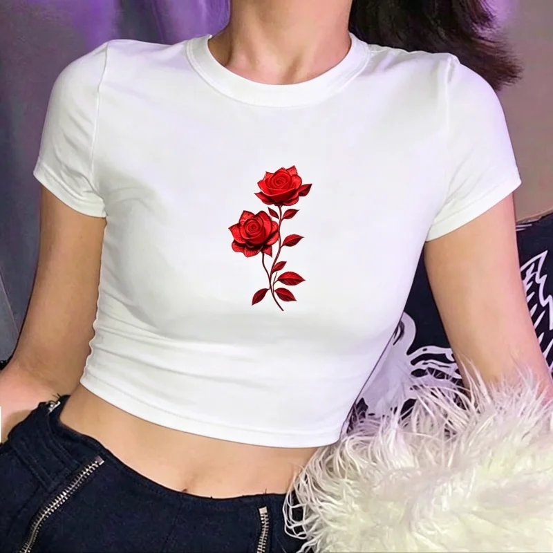Y2K Gothic Red Rose Print Crop Top Women Slim Fit Short Sleeve T-Shirt Aesthetic