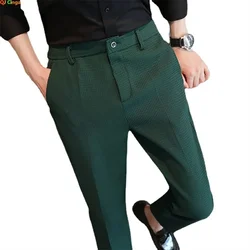 Autumn and WinterDark Green Suit Pants Men's Fashion Slim Pants Korean Style Waffle Male Trousers Black White Khaki Brown