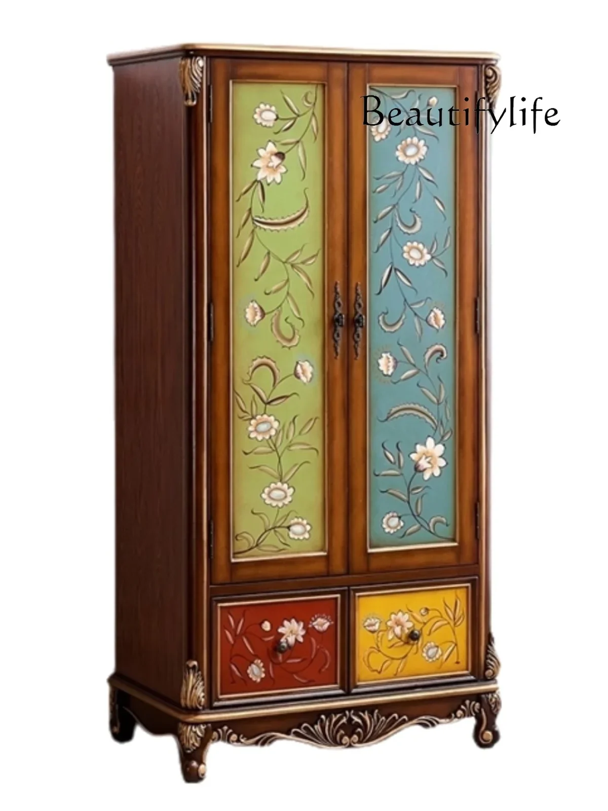 European retro wardrobe painted furniture solid wood storage cabinet wardrobe cabinet quilt adult children hanging wardrobe