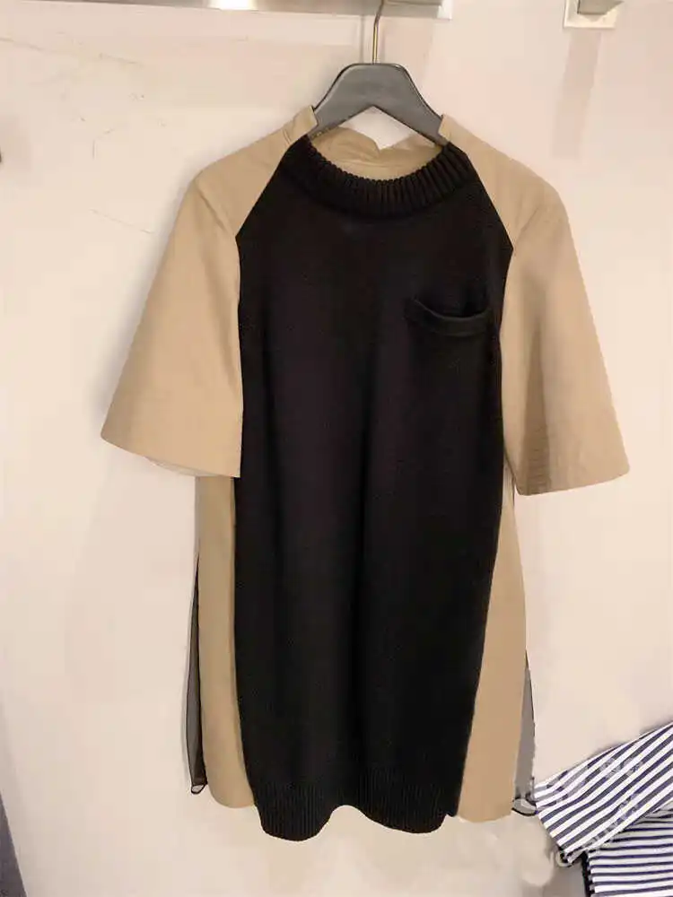 

FOG SACAI Лето 2024 Женское трикотажное платье с круглым вырезом, комбинированное, из смесового хлопка и полиэстера, с рукавом до локтя, повседневное, прямого кроя