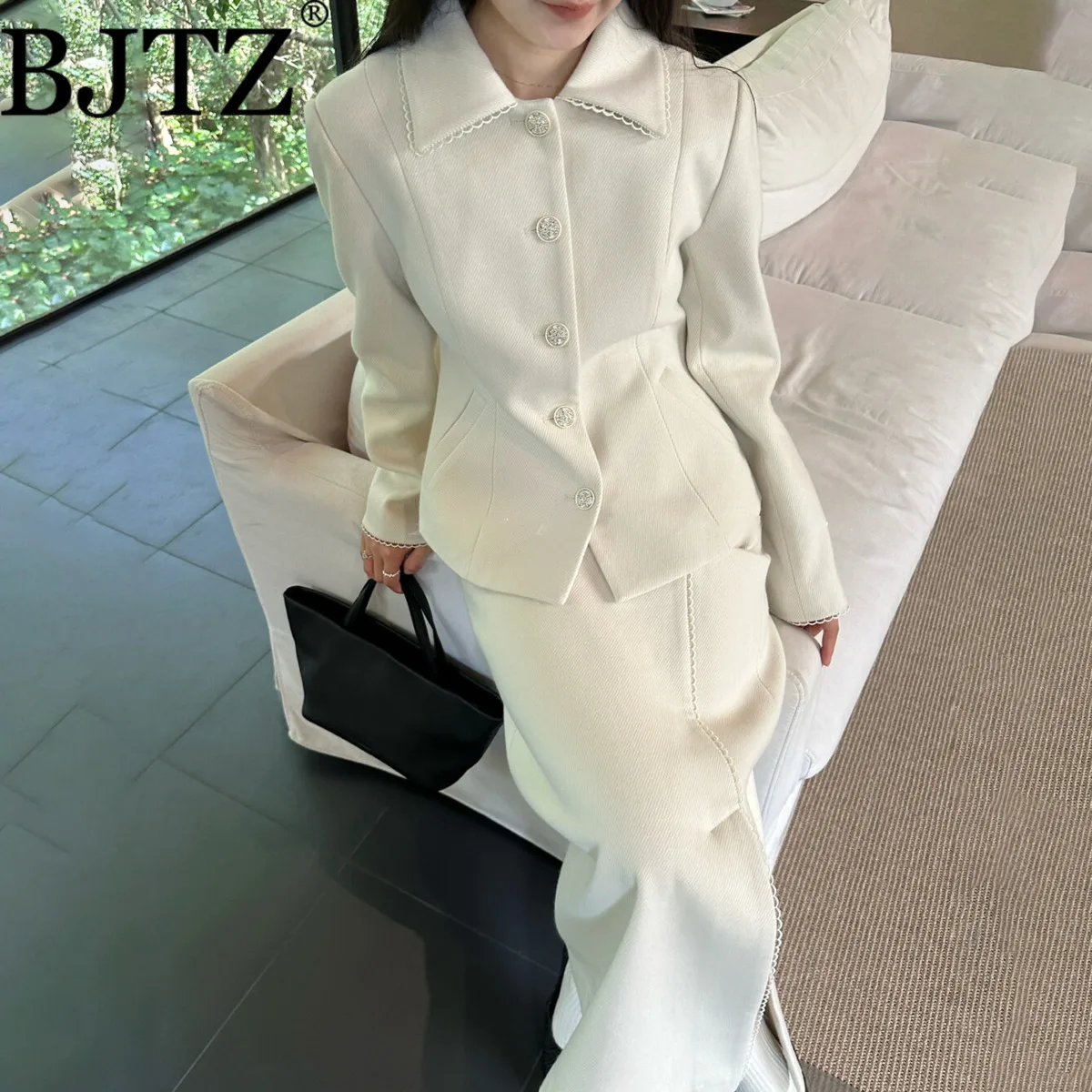 BJTZ Temperament Elegante Revers Top Chic Taste Design Kurze Jacke Für Frau 2025, Herbst Winter Neue Trend Hohe Taille Rock