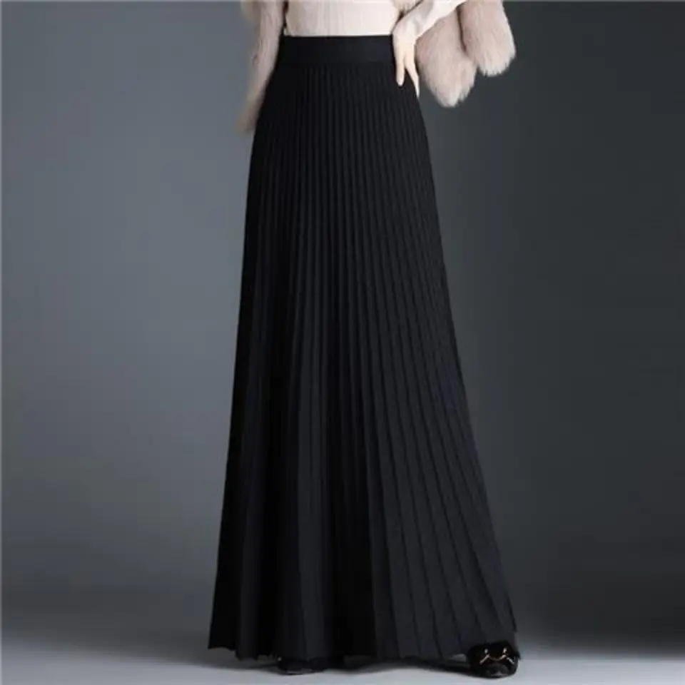 

2024 New Spring Autumn Design Sensibility High-end Feel Half-polo/turtle Neck Slimming Waist-fit Extra Long Pleated Skirt E2090