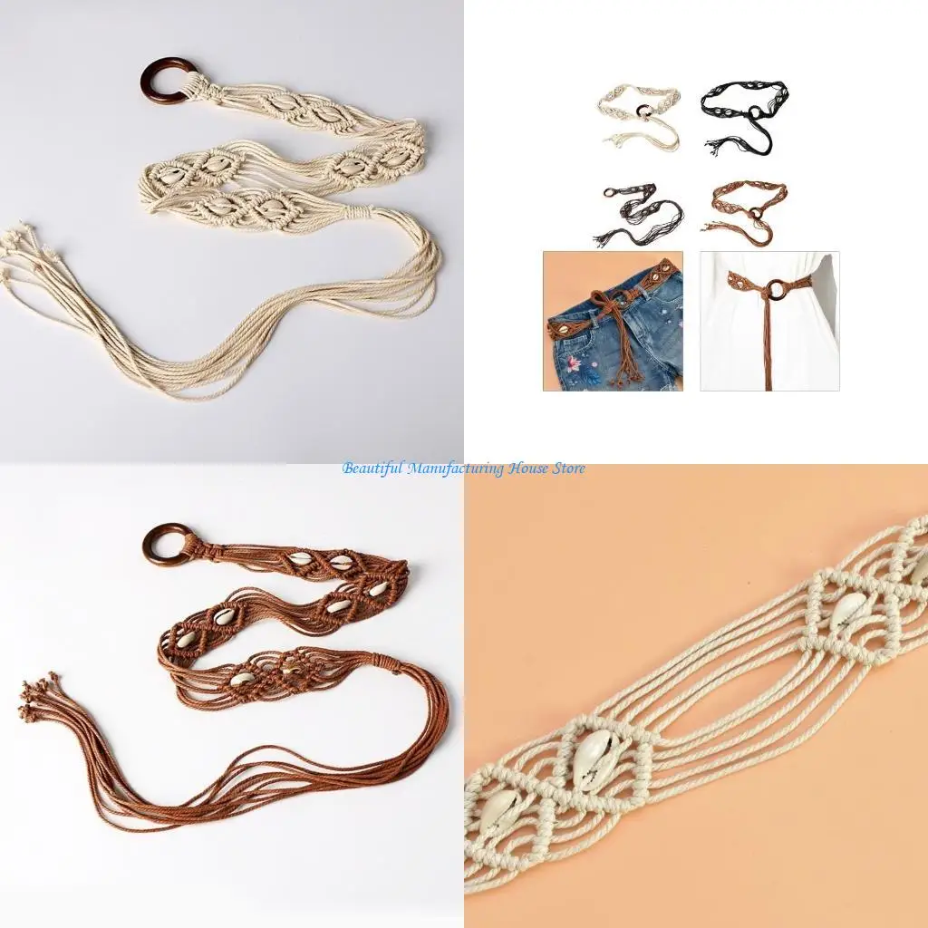 

E56A Bohemian Handmade Braided Waist Rope for Women Beads Decors Shirt Dress Belt