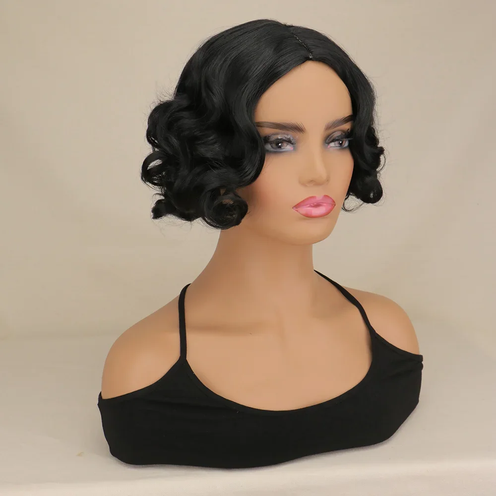 سنو وايت قصير أسود مجعد الباروكات مع الجزء الأوسط شعر مستعار اصطناعي تأثيري شعر مستعار المرأة زي لحفلة الهالوين #4