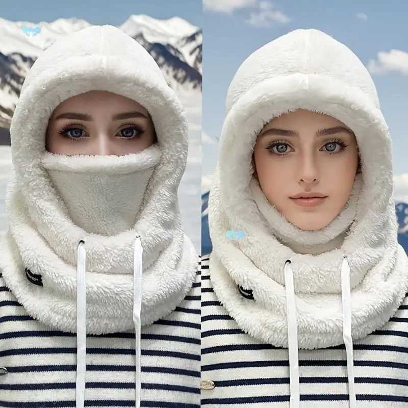 

Winter Thikcen Plush Balaclava Hat Windproof Mask with Drawstring Hood Caps Ski Face Cover for Men Women Outdoor Warm Fur Caps