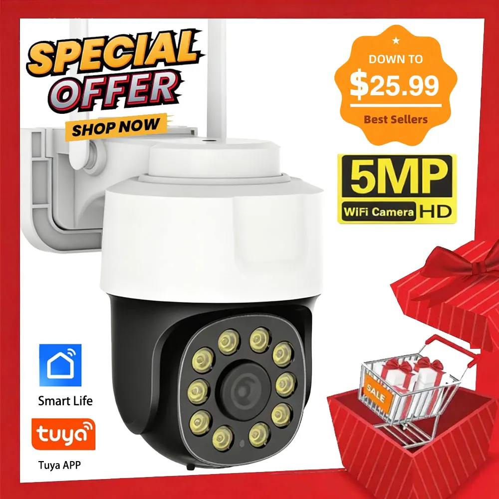 

Jaxcam Tuya 5MP Ultra HD Wi-Fi PTZ-камера Полноцветная камера ночного видения Двустороннее аудио Обнаружение движения человека IP-камера наружной безопасности