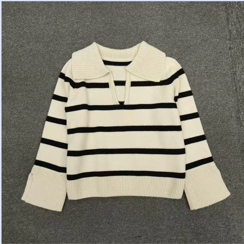 KH@IT* Sweater 2023 Autumn/winter New Retro Striped V-neck Polo Collar Versatile Casual Knitted Wool Jumper Women