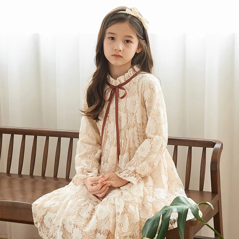 Spring Autumn Junior Girl Long Sleeve Dress Children Girl Stringy Selvedge Flower Lace Pattern Dress School Girl Princess Dress