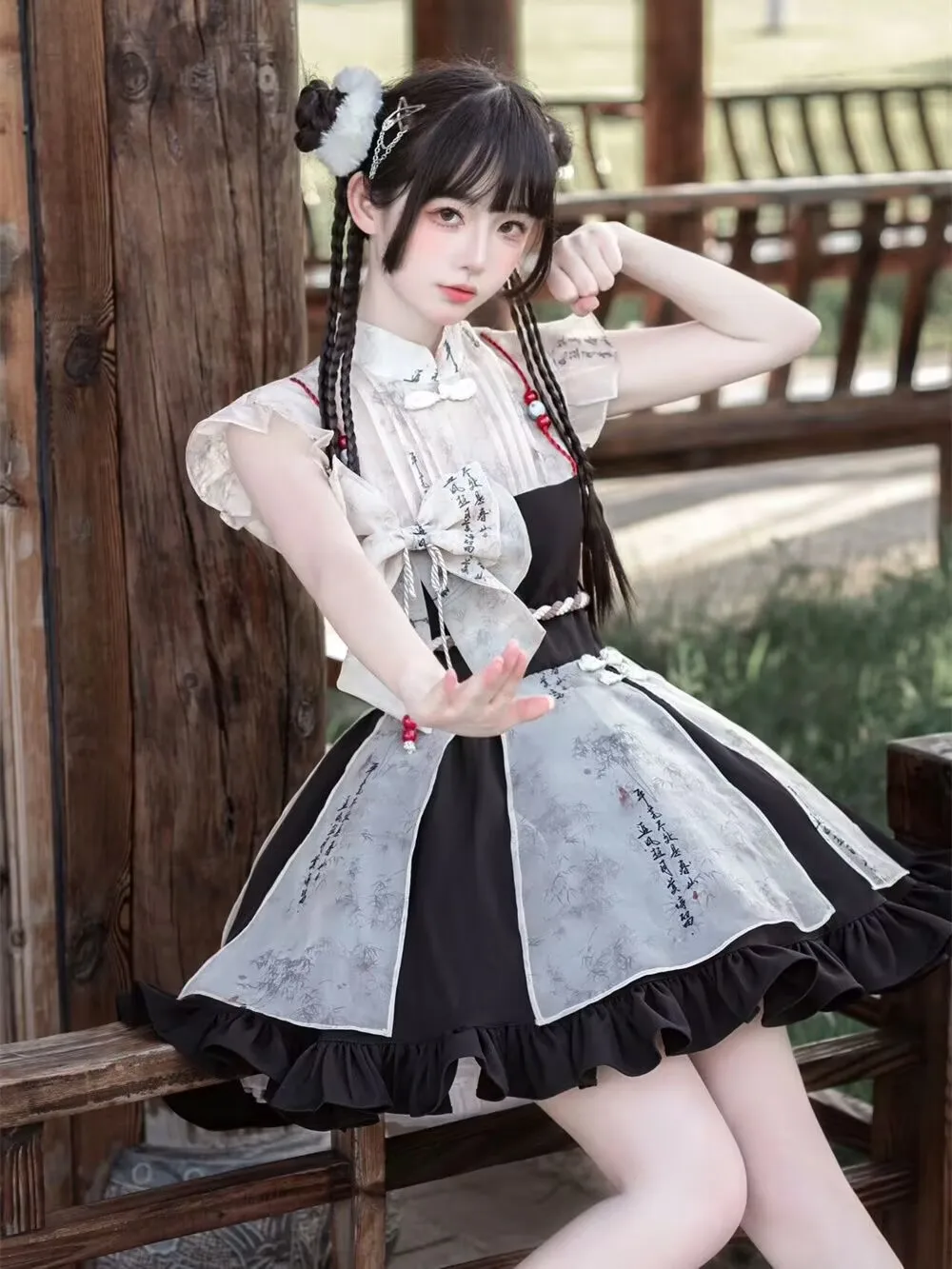 New Chinese Retro Hanfu Element Style Sweet Fairy Bow Lolita Dress Summer Women Short Sleeve Patchwork Design Skirt