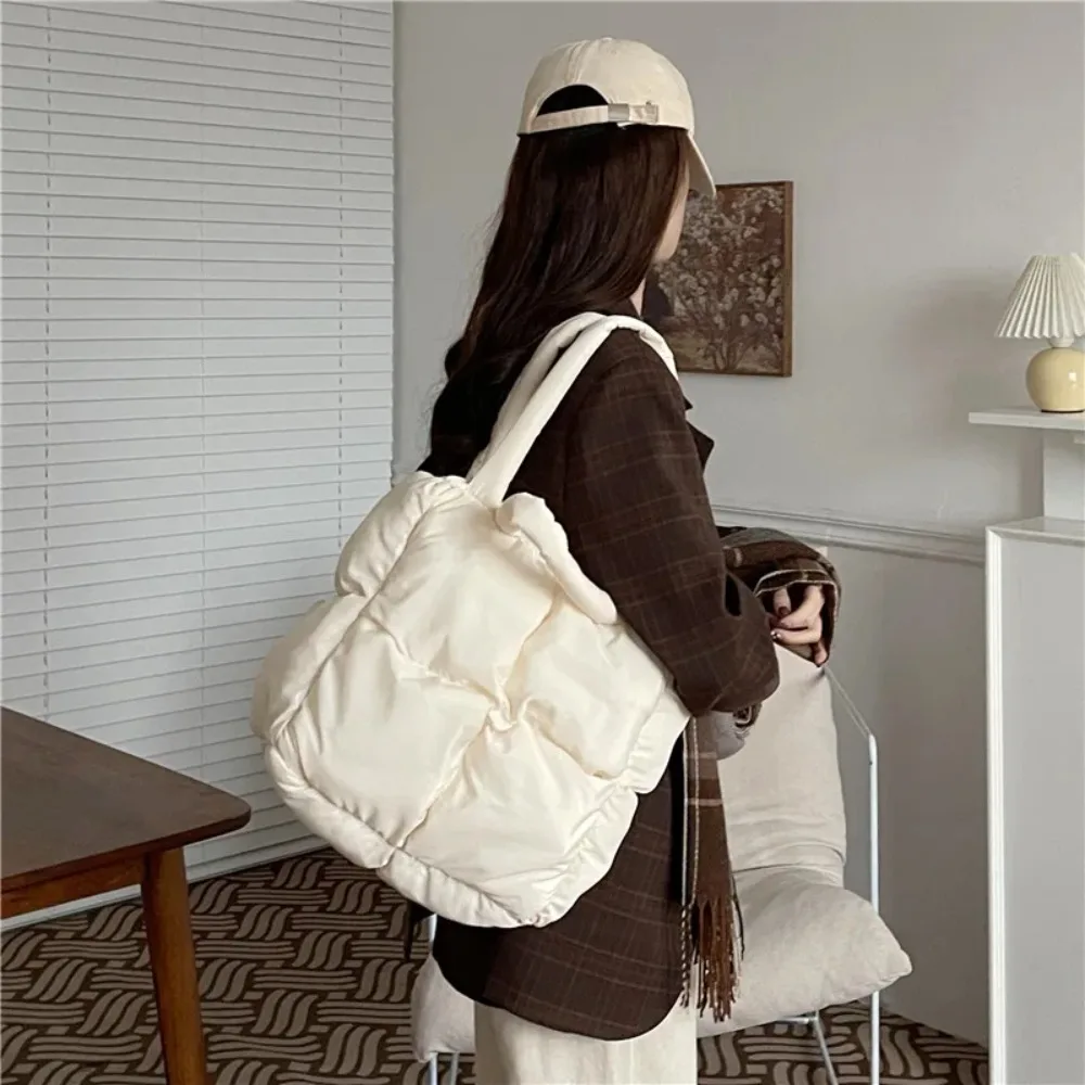 Fashion Nylon Cloth Puffy Shoulder Bag Soft Large Capacity Down Feather Handbag Padded Quilted Space Cotton Shopping Tote