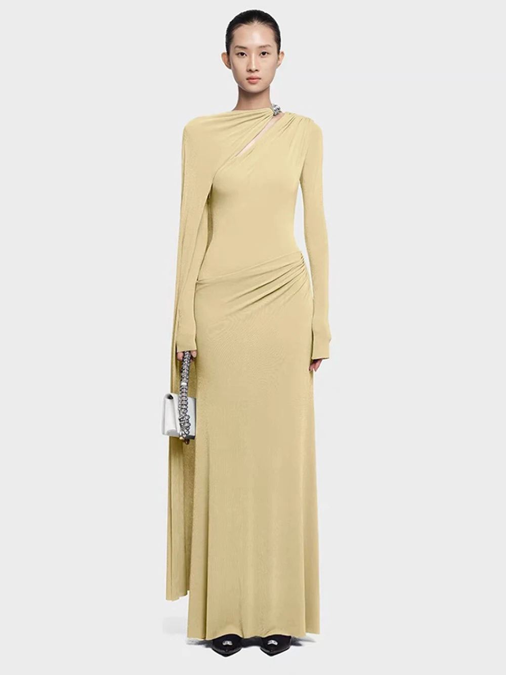 Modphy Women'S Metal Buckle Elegant Soft Dress Solid Spliced Folds Long Sleeved Slim Asymmetric Design Long Dress Female New
