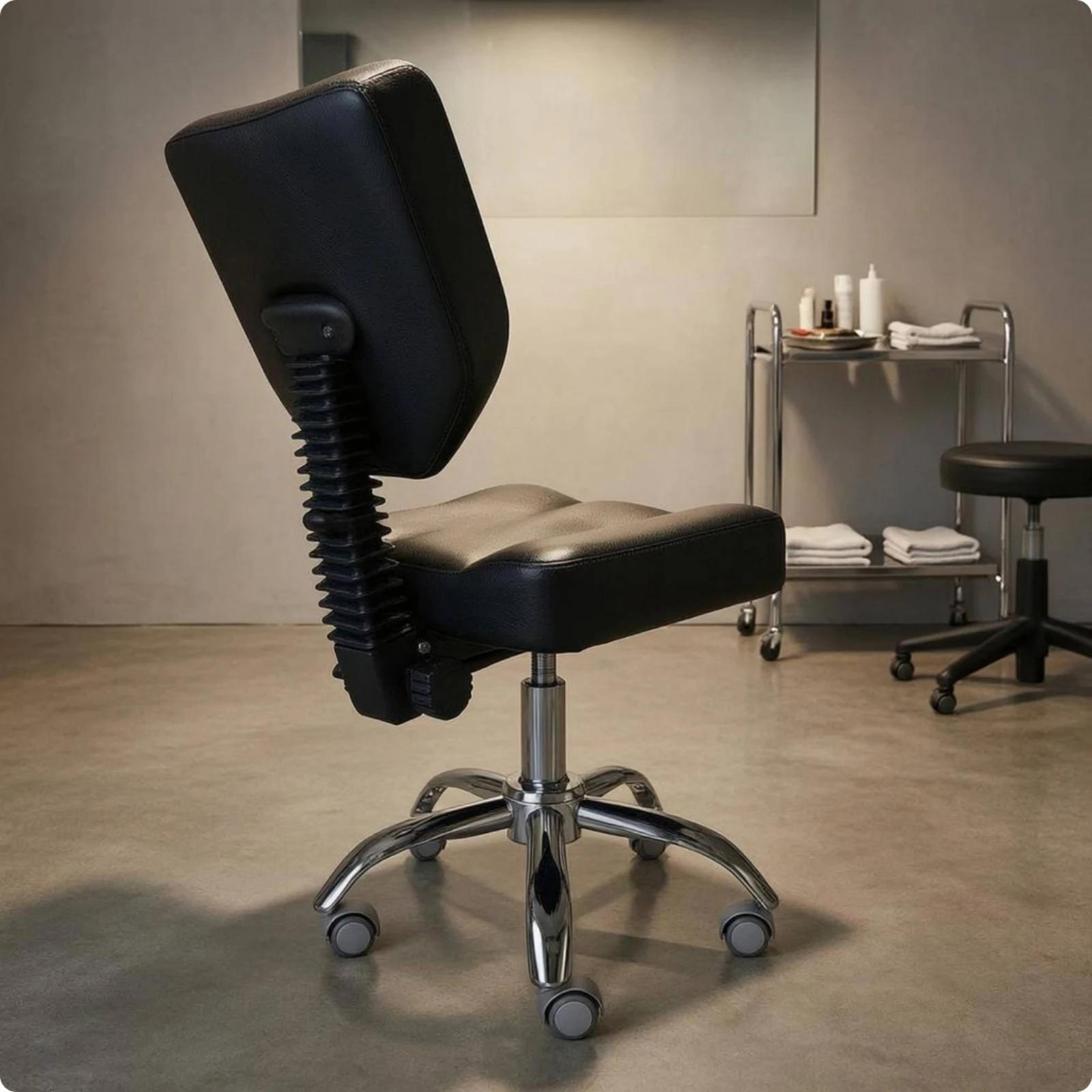 fauteuil-pivotant-noir-rembourre-avec-base-chromee-reglable-en-hauteur-avec-coutures-profilees