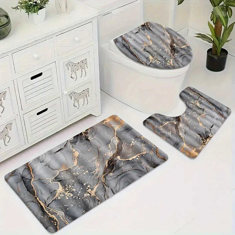 

Набор нескользящих ковриков для ванной комнаты из 3 предметов - быстросохнущий впитывающий U-образный коврик для унитаза + занавеска для душа в ванной комнате для украшения ванной комнаты