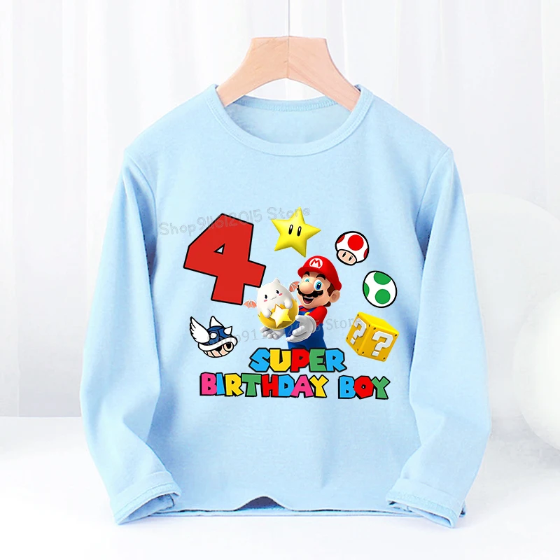 Super Marios Birthday Boy T-Shirt Long Sleeve Number Tee Shirts Autumn Clothes Kids Casual Tops Toddler Party Clothes Baby Gift