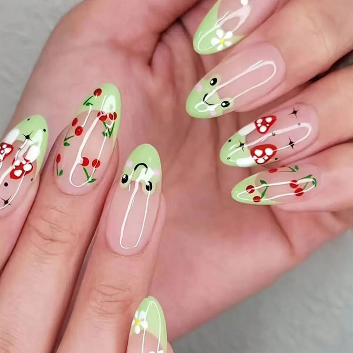 Lovely Cherry Press on Nails French Fake Nails Detachable False Nails Mushroom Press on Nails with Glue Frog Press on Nails Set