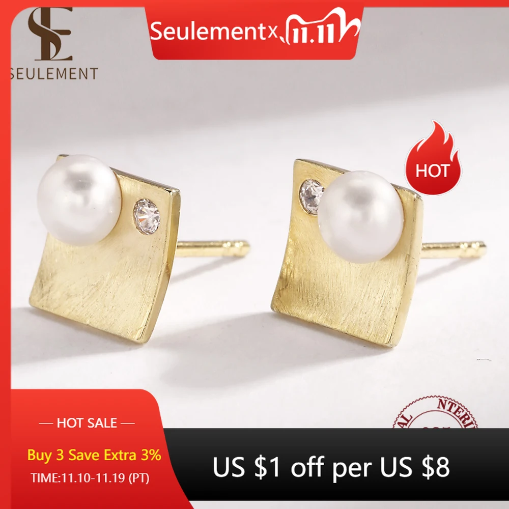 

Seulement Natural Freshwater Pearl Square Stud Earrings for Women Fashion Personal 925 Sterling Silver Jewelry Accessories